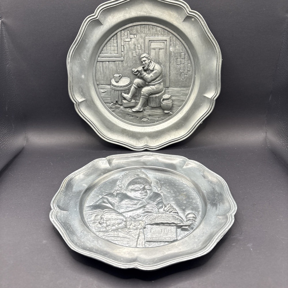 Pair Vintage Norleans Italy 95% Pewter 3D Tavern Scene & Vermeer Lacemaker
